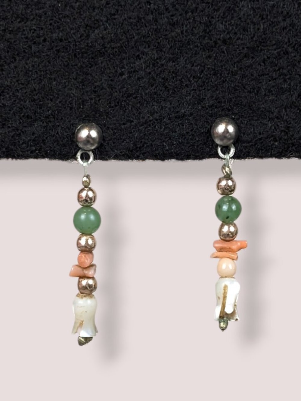 Vintage Bohemian Jade, Coral, & MOP Earrings